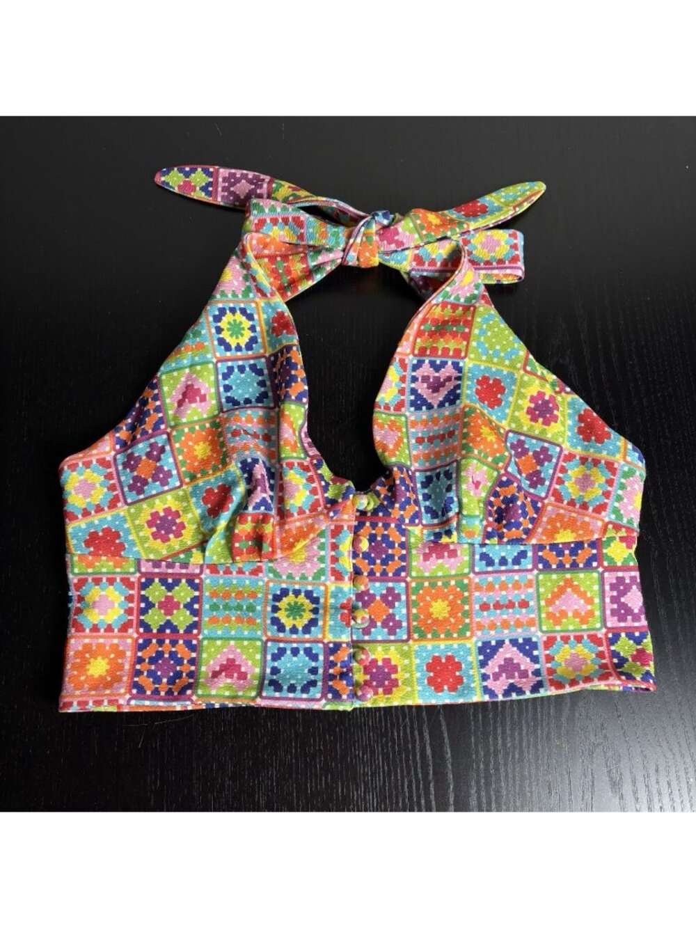 SMAK PARLOUR Womens XL Colorful Patchwork Print Halter Crop Top 60s/70s Style